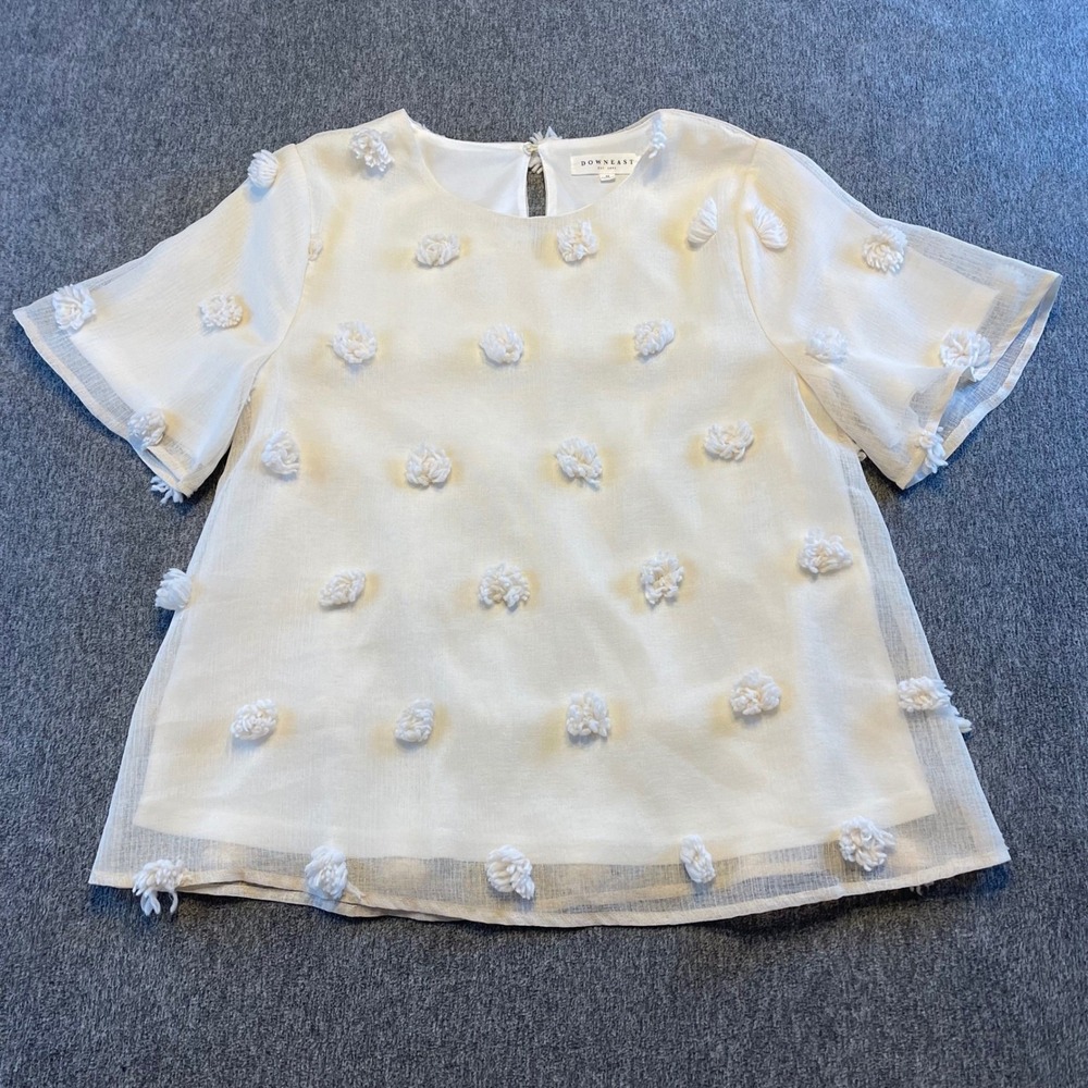 Downeast Ivory Pom Pom Top Sheer Short Sleeve Blouse Medium Ballerinacore‎